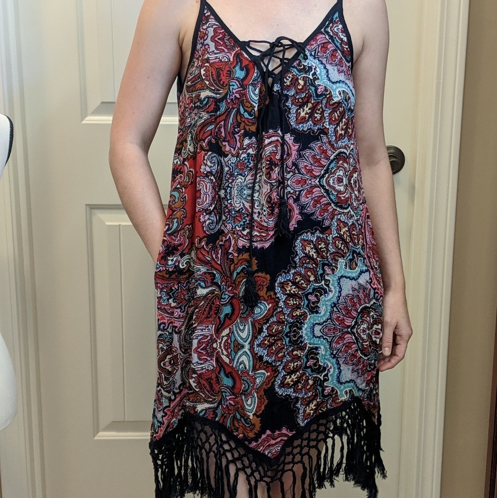 NWT Band of Gypsies dress,S, blue fringe trim